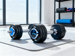 Adjustable dumbbells set for home gym workouts on a fitness mat.